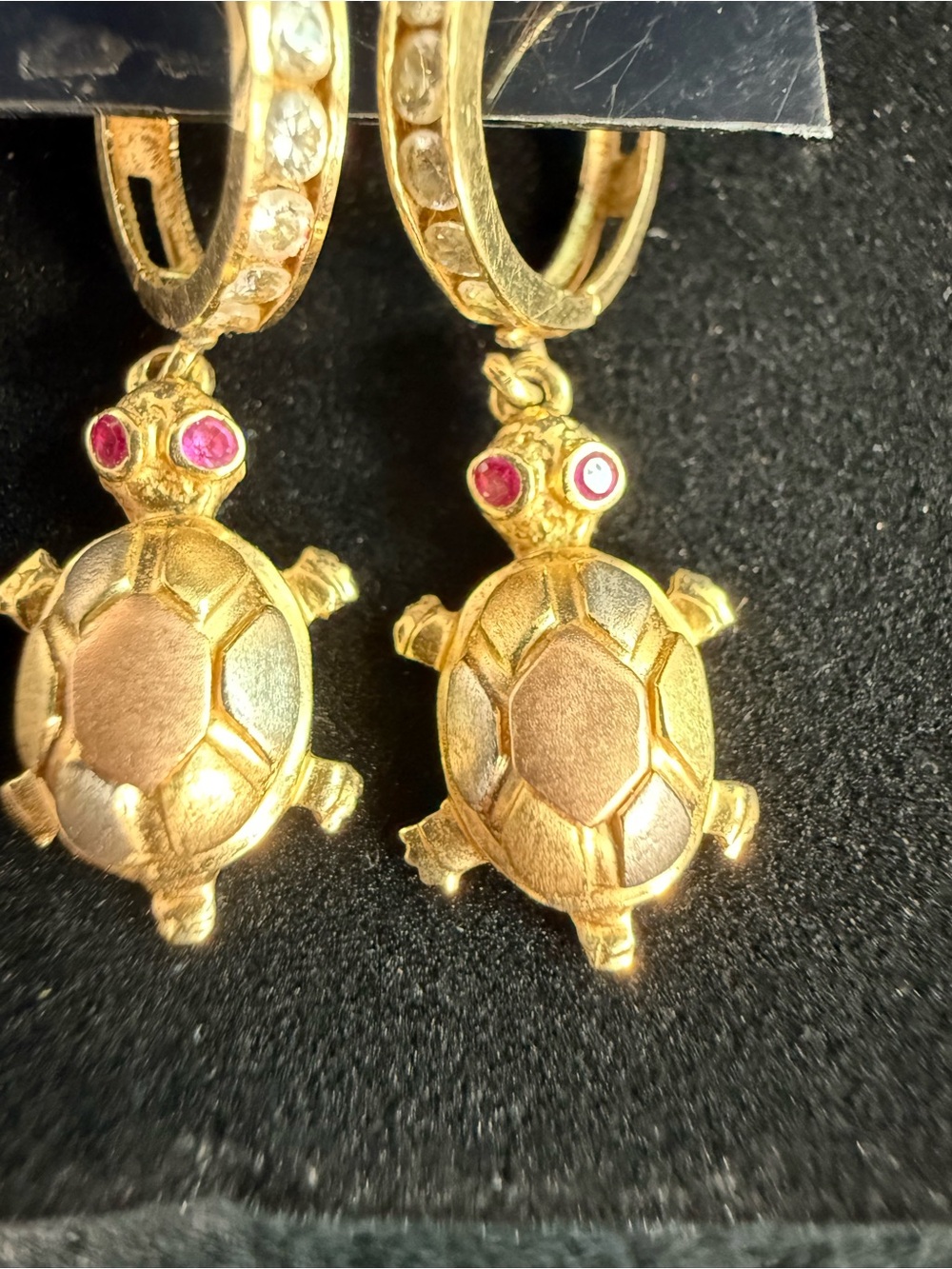 14K Tri Color Gold CZ Turtle Drop Dangle Huggies Hoop Earrings 3.7 Grams - Picture 4 of 16
